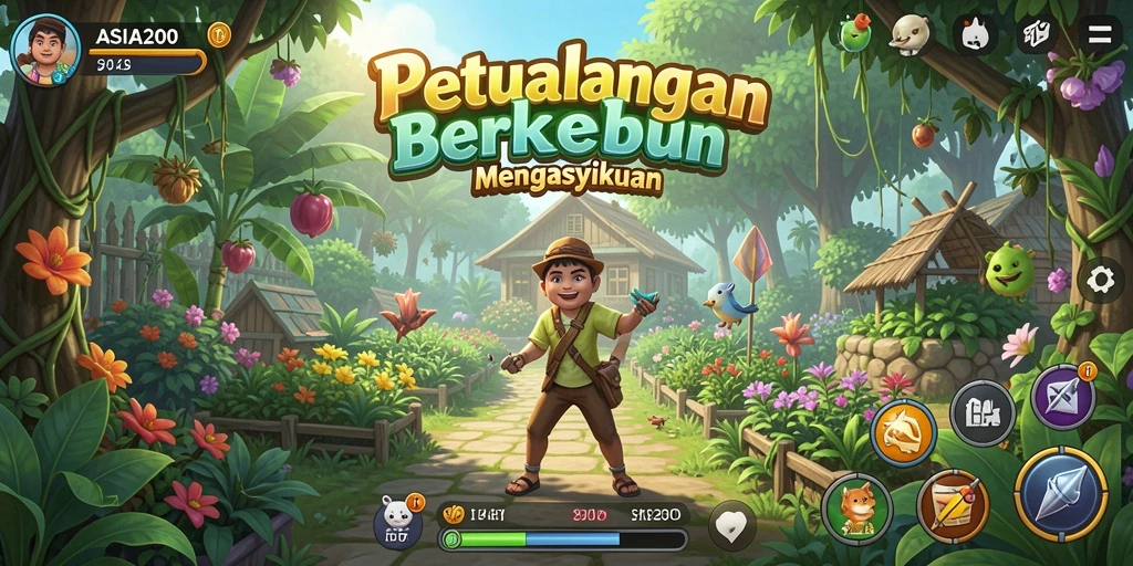 Screenshot gameplay ASIA200 menampilkan kebun yang penuh dengan tanaman hijau.