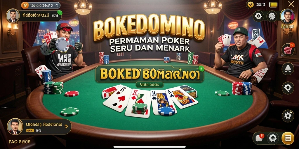 Tampilan gameplay BOKEDOMINO dengan aksi Poker yang seru.