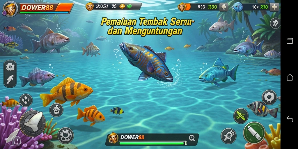 Screenshot utama DOWER88 memperlihatkan momen seru menembak ikan di bawah laut.