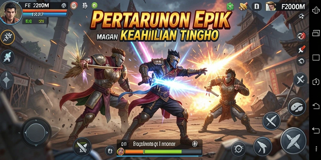 Screenshot F200M menampilkan pertarungan seru antar karakter dengan efek visual menakjubkan.