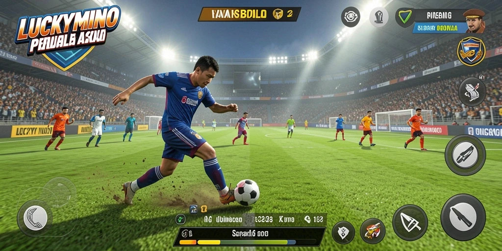Tampilan gameplay menarik dari LUCKYMINO dengan aksi sepak bola seru.