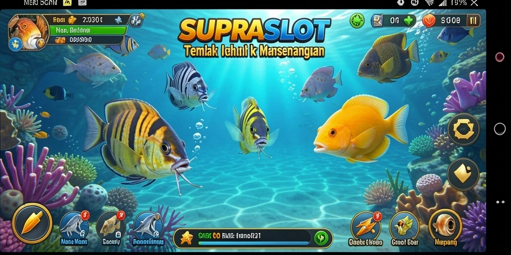 Screenshot gameplay SUPRASLOT menunjukkan aksi menembak ikan yang seru.