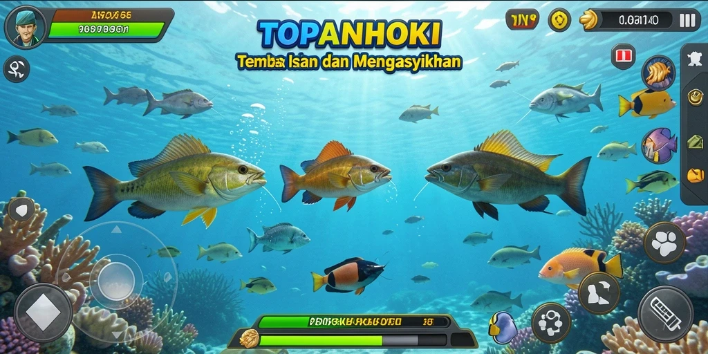 Screenshot gameplay seru dari TOPANHOKI yang menampilkan aksi menembak ikan.