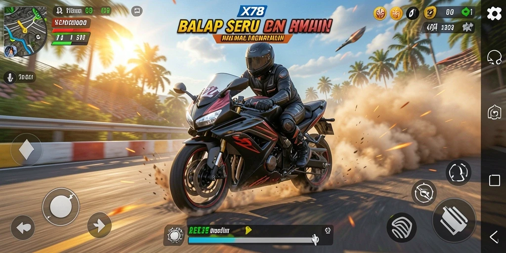 Screenshot gameplay X78 menampilkan balapan motor yang seru dan kompetitif.
